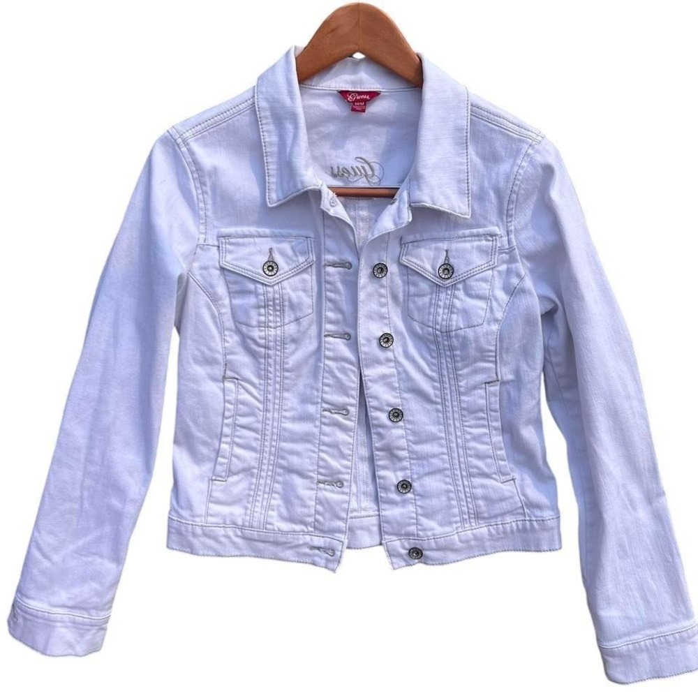 Guess Womens White Denim Trucker Jacket Embroidered Logo Size Medium